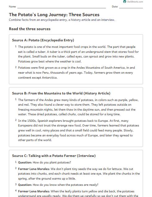 The Potato's Long Journey: Three Sources worksheet preview