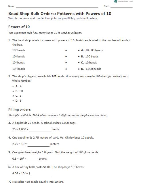 Bead Shop Bulk Orders: Patterns with Powers of 10 worksheet preview