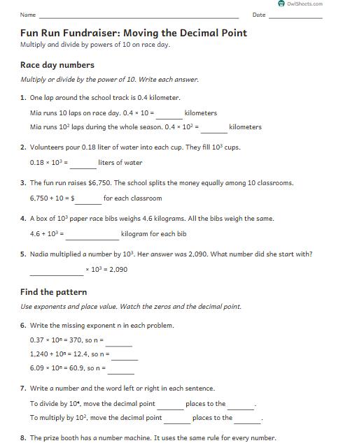 Fun Run Fundraiser: Moving the Decimal Point worksheet preview