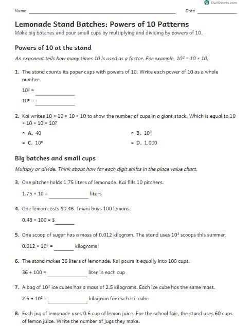 Lemonade Stand Batches: Powers of 10 Patterns worksheet preview