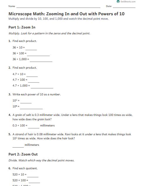 Microscope Math: Zooming In and Out with Powers of 10 worksheet preview