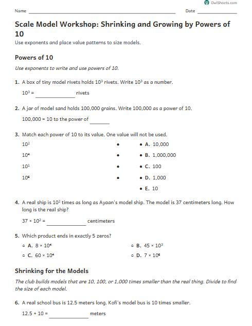 Scale Model Workshop: Shrinking and Growing by Powers of 10 worksheet preview