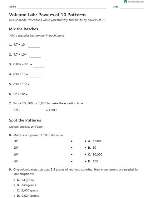 Volcano Lab: Powers of 10 Patterns worksheet preview