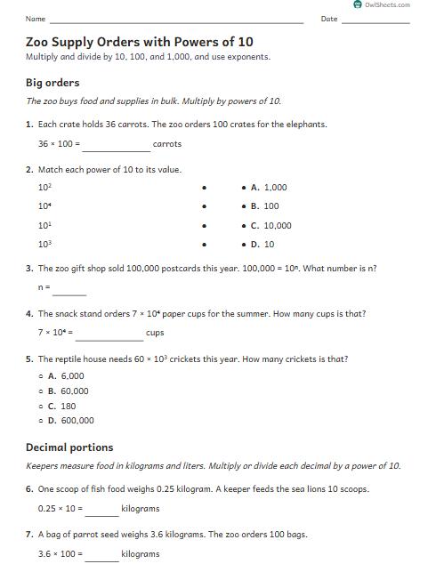 Zoo Supply Orders with Powers of 10 worksheet preview
