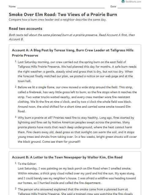 Smoke Over Elm Road: Two Views of a Prairie Burn worksheet preview