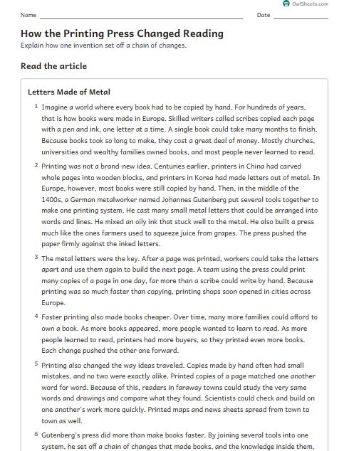 How the Printing Press Changed Reading worksheet preview