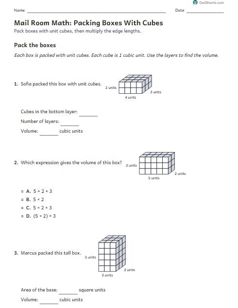 Mail Room Math: Packing Boxes With Cubes worksheet preview