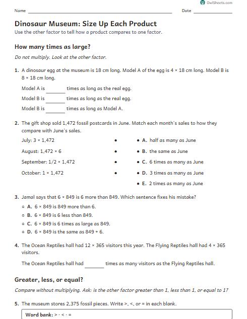 Dinosaur Museum: Size Up Each Product worksheet preview