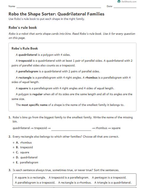 Robo the Shape Sorter: Quadrilateral Families worksheet preview