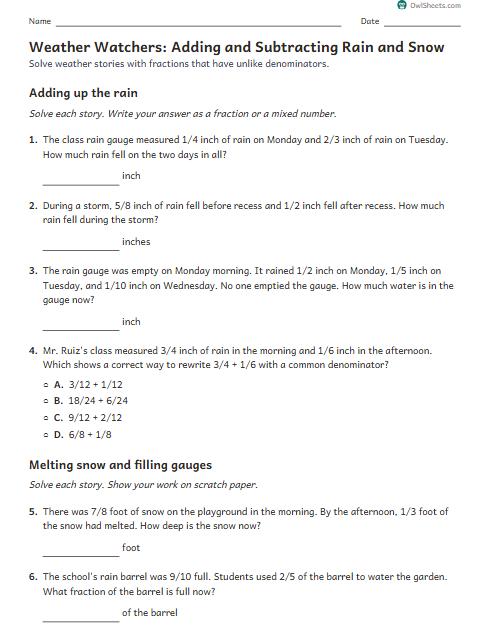 Weather Watchers: Adding and Subtracting Rain and Snow worksheet preview