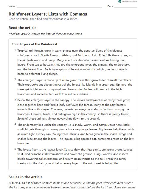 Rainforest Layers: Lists with Commas worksheet preview