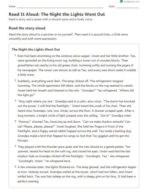 Read It Aloud: The Night the Lights Went Out worksheet preview