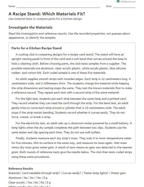 A Recipe Stand: Which Materials Fit? worksheet preview