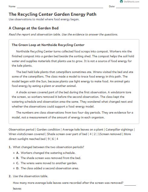 The Recycling Center Garden Energy Path worksheet preview