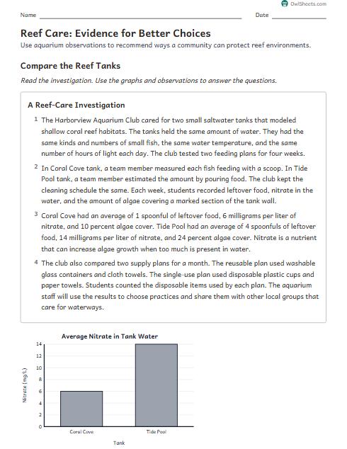 Reef Care: Evidence for Better Choices worksheet preview