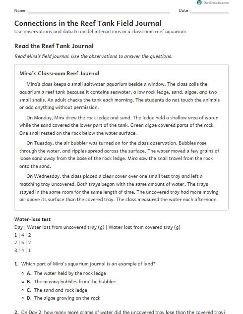 Connections in the Reef Tank Field Journal worksheet preview