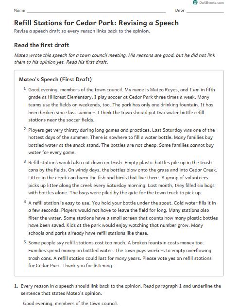 Refill Stations for Cedar Park: Revising a Speech worksheet preview