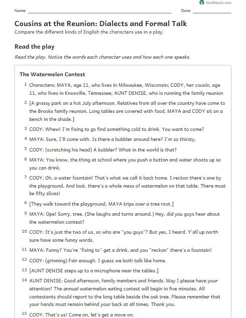 Cousins at the Reunion: Dialects and Formal Talk worksheet preview