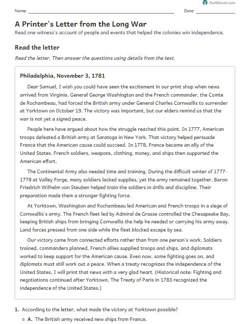 A Printer's Letter from the Long War worksheet preview