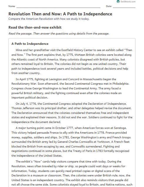 Revolution Then and Now: A Path to Independence worksheet preview