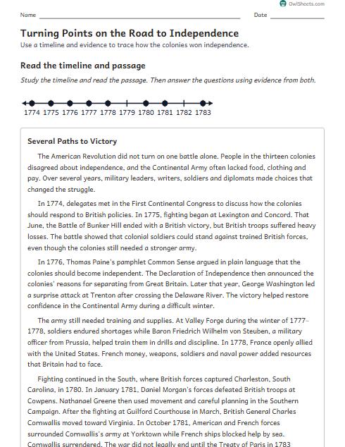 Turning Points on the Road to Independence worksheet preview