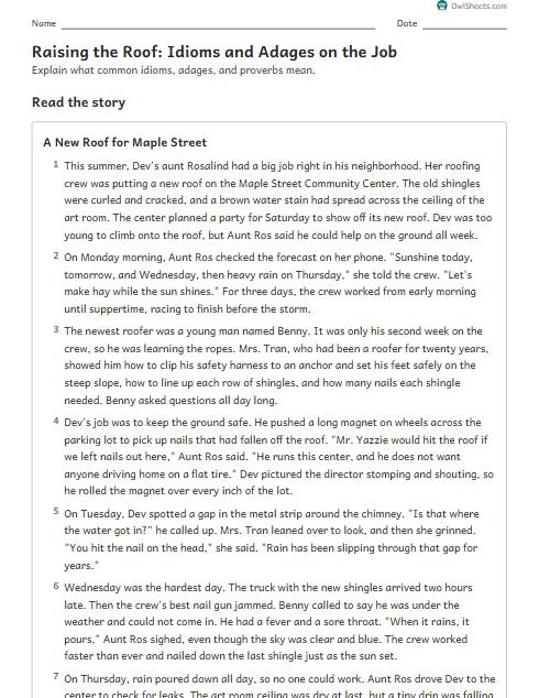 Raising the Roof: Idioms and Adages on the Job worksheet preview