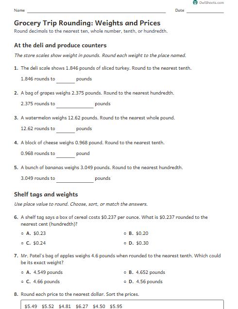Grocery Trip Rounding: Weights and Prices worksheet preview