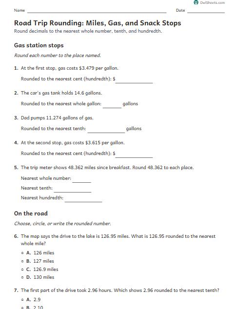 Road Trip Rounding: Miles, Gas, and Snack Stops worksheet preview