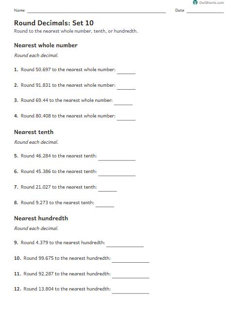 Round Decimals: Set 10 worksheet preview