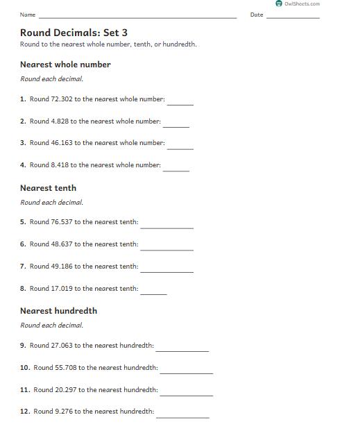 Round Decimals: Set 3 worksheet preview