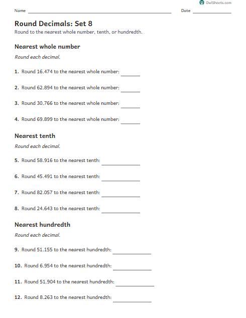 Round Decimals: Set 8 worksheet preview