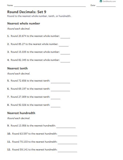 Round Decimals: Set 9 worksheet preview