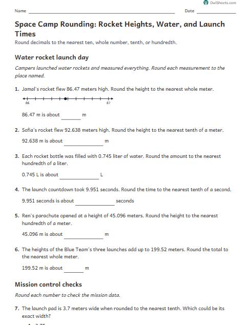 Space Camp Rounding: Rocket Heights, Water, and Launch Times worksheet preview
