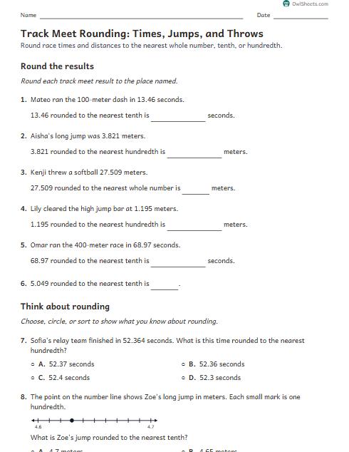 Track Meet Rounding: Times, Jumps, and Throws worksheet preview