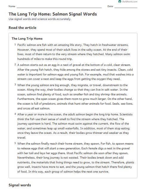 The Long Trip Home: Salmon Signal Words worksheet preview