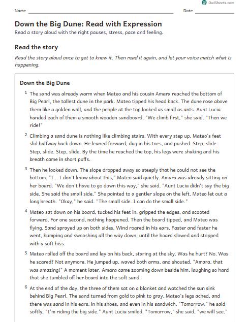 Down the Big Dune: Read with Expression worksheet preview