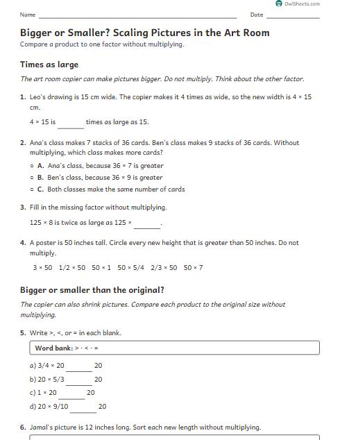 Bigger or Smaller? Scaling Pictures in the Art Room worksheet preview