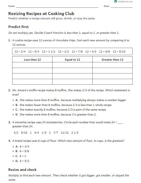 Resizing Recipes at Cooking Club worksheet preview