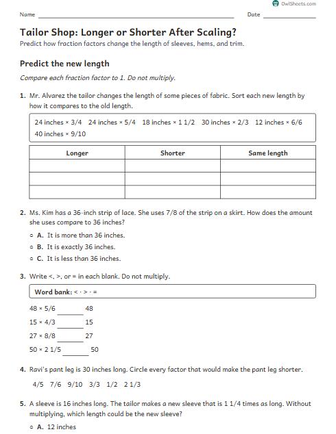 Tailor Shop: Longer or Shorter After Scaling? worksheet preview