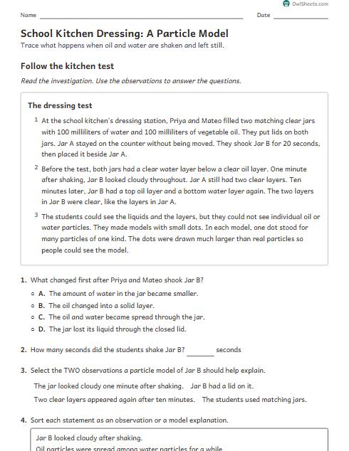 School Kitchen Dressing: A Particle Model worksheet preview