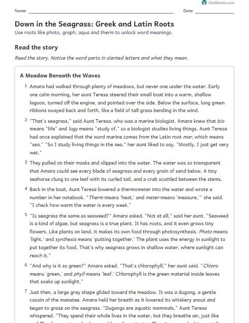 Down in the Seagrass: Greek and Latin Roots worksheet preview