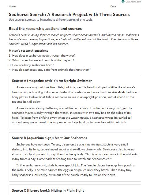Seahorse Search: A Research Project with Three Sources worksheet preview