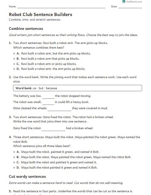Robot Club Sentence Builders worksheet preview