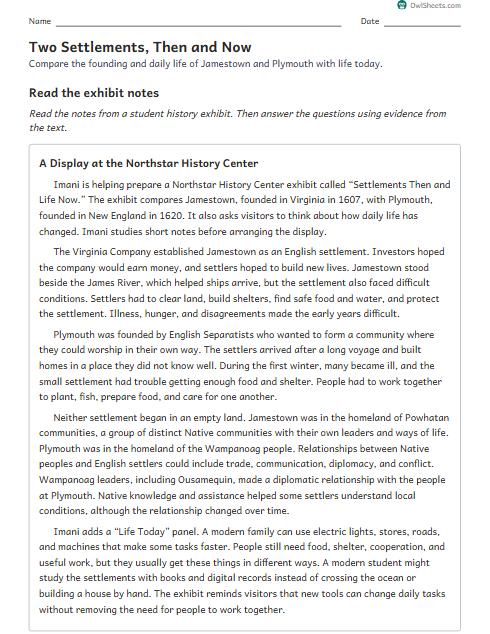 Two Settlements, Then and Now worksheet preview