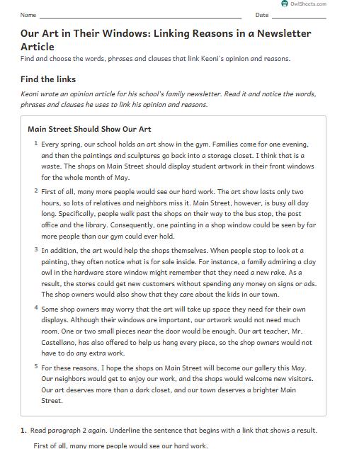 Our Art in Their Windows: Linking Reasons in a Newsletter Article worksheet preview