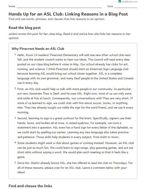 Hands Up for an ASL Club: Linking Reasons in a Blog Post worksheet preview