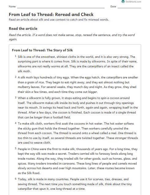 From Leaf to Thread: Reread and Check worksheet preview