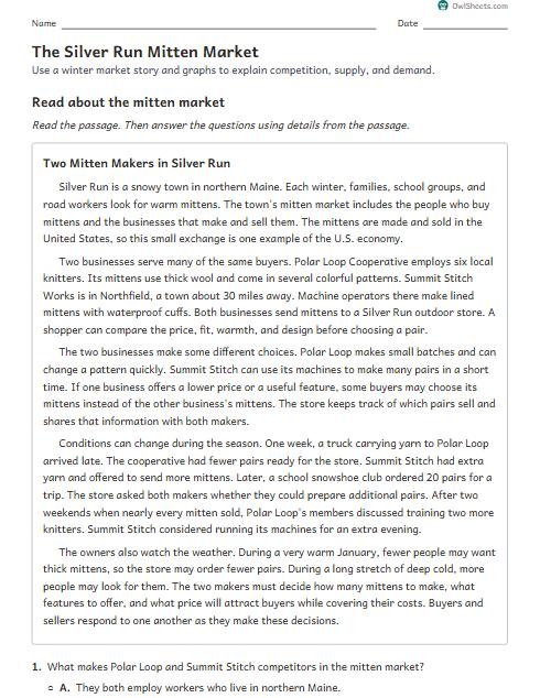 The Silver Run Mitten Market worksheet preview