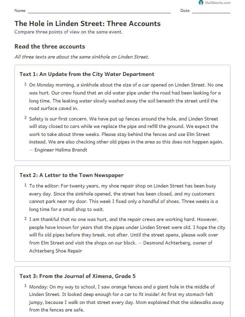 The Hole in Linden Street: Three Accounts worksheet preview