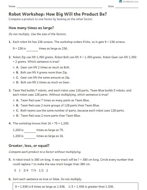 Robot Workshop: How Big Will the Product Be? worksheet preview
